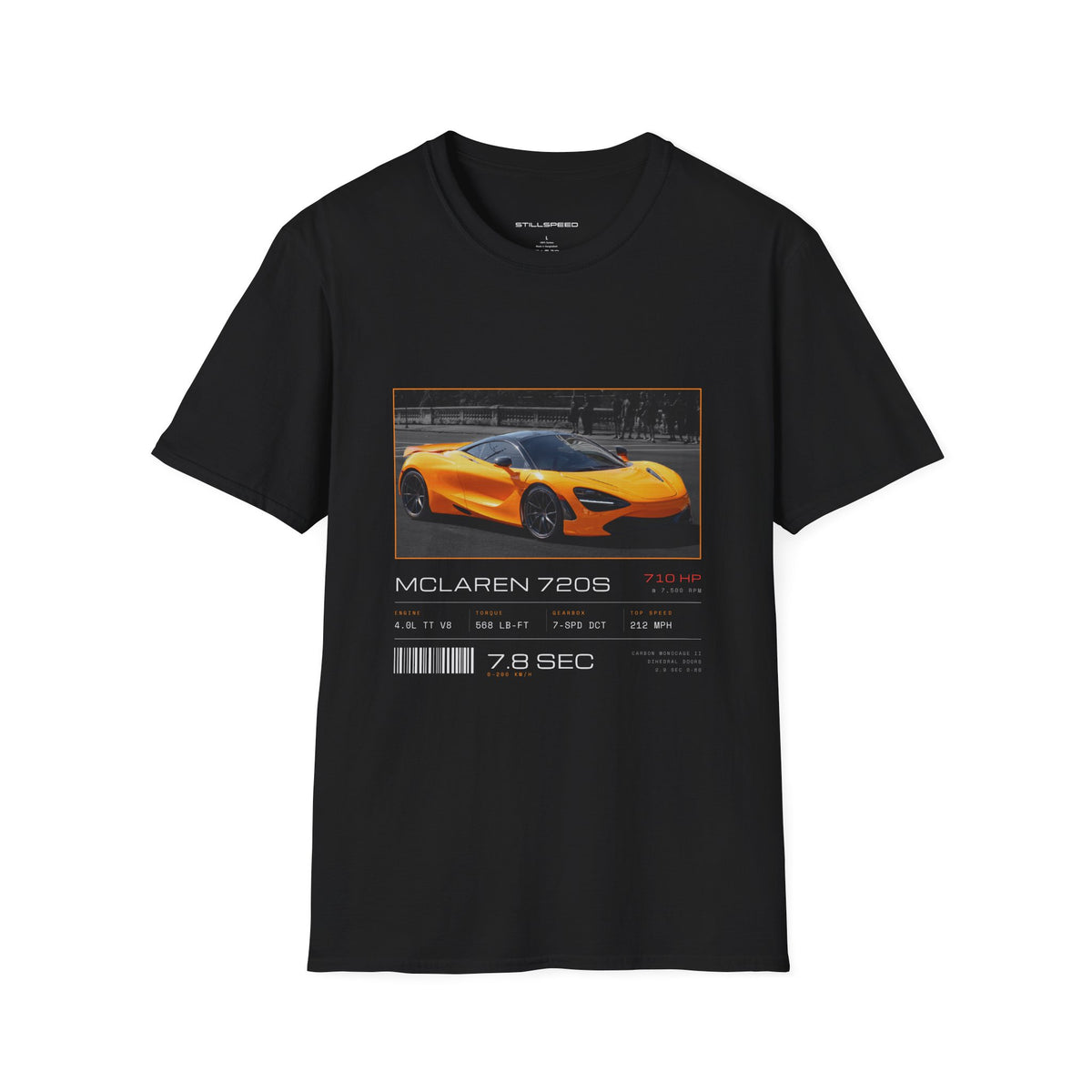 Orange McLaren 720S spec sheet t-shirt by STILLSPEED