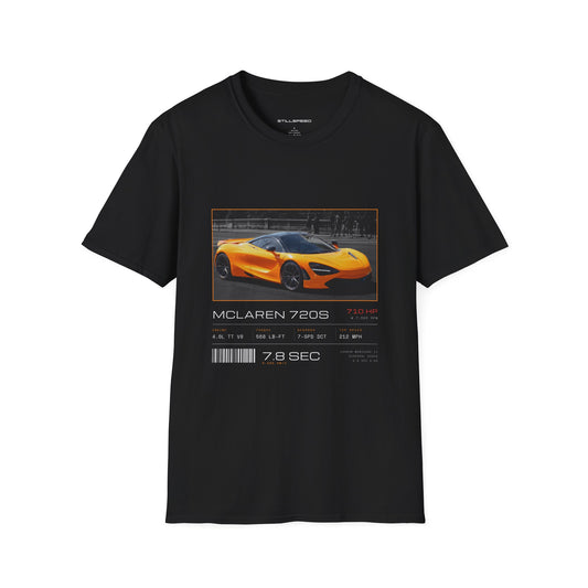 Orange McLaren 720S spec sheet t-shirt by STILLSPEED