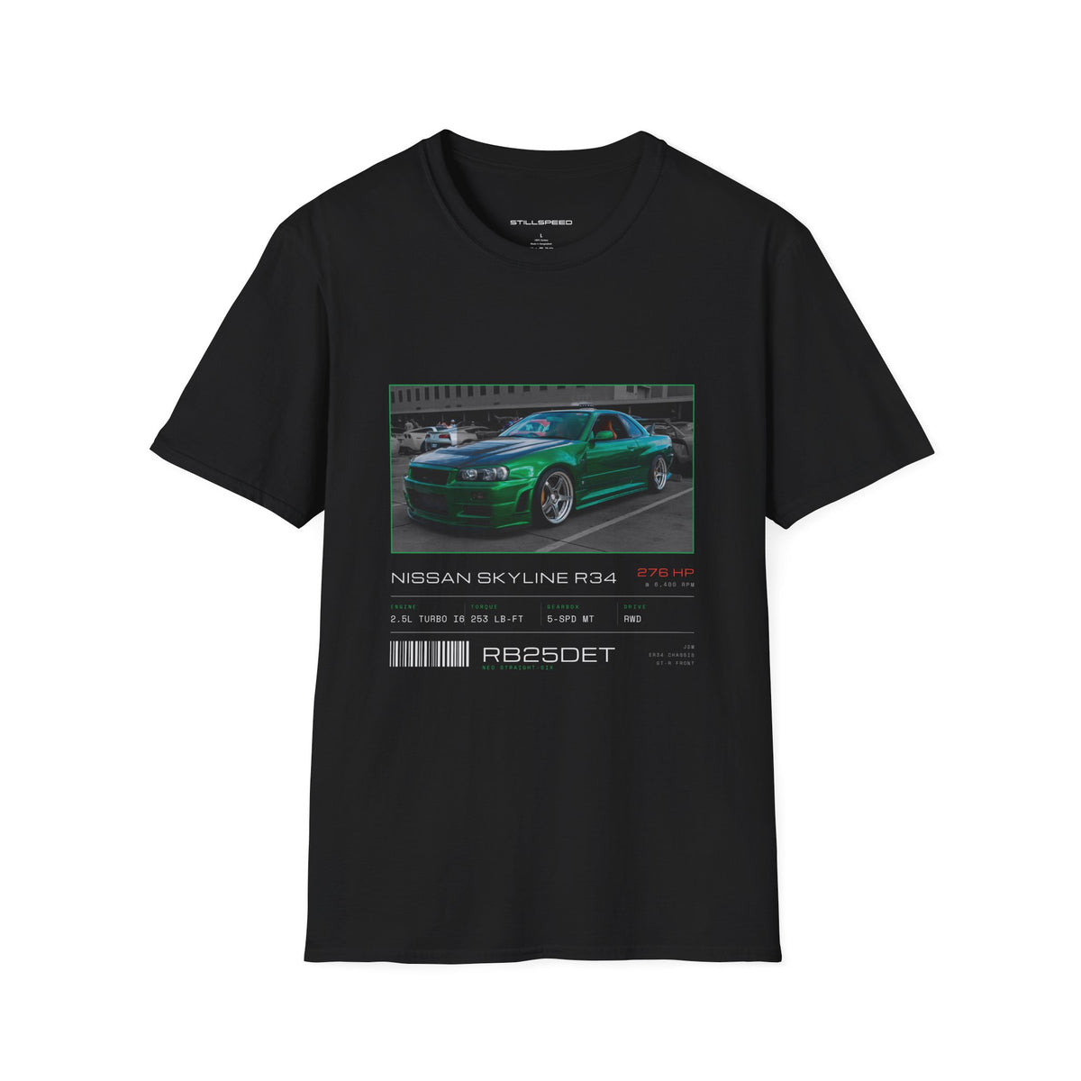 Nissan Skyline R34 spec sheet t-shirt by STILLSPEED