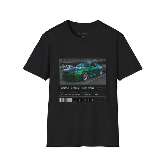 Nissan Skyline R34 spec sheet t-shirt by STILLSPEED