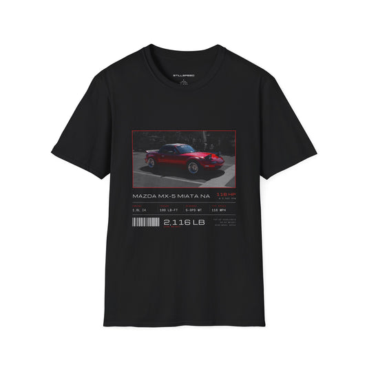 Mazda MX-5 Miata NA spec sheet t-shirt by STILLSPEED
