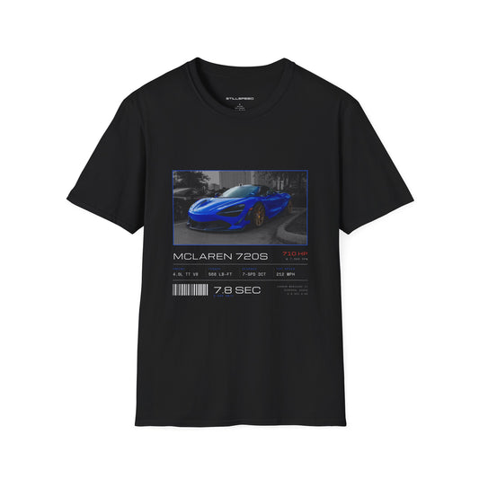 Blue McLaren 720S spec sheet t-shirt by STILLSPEED